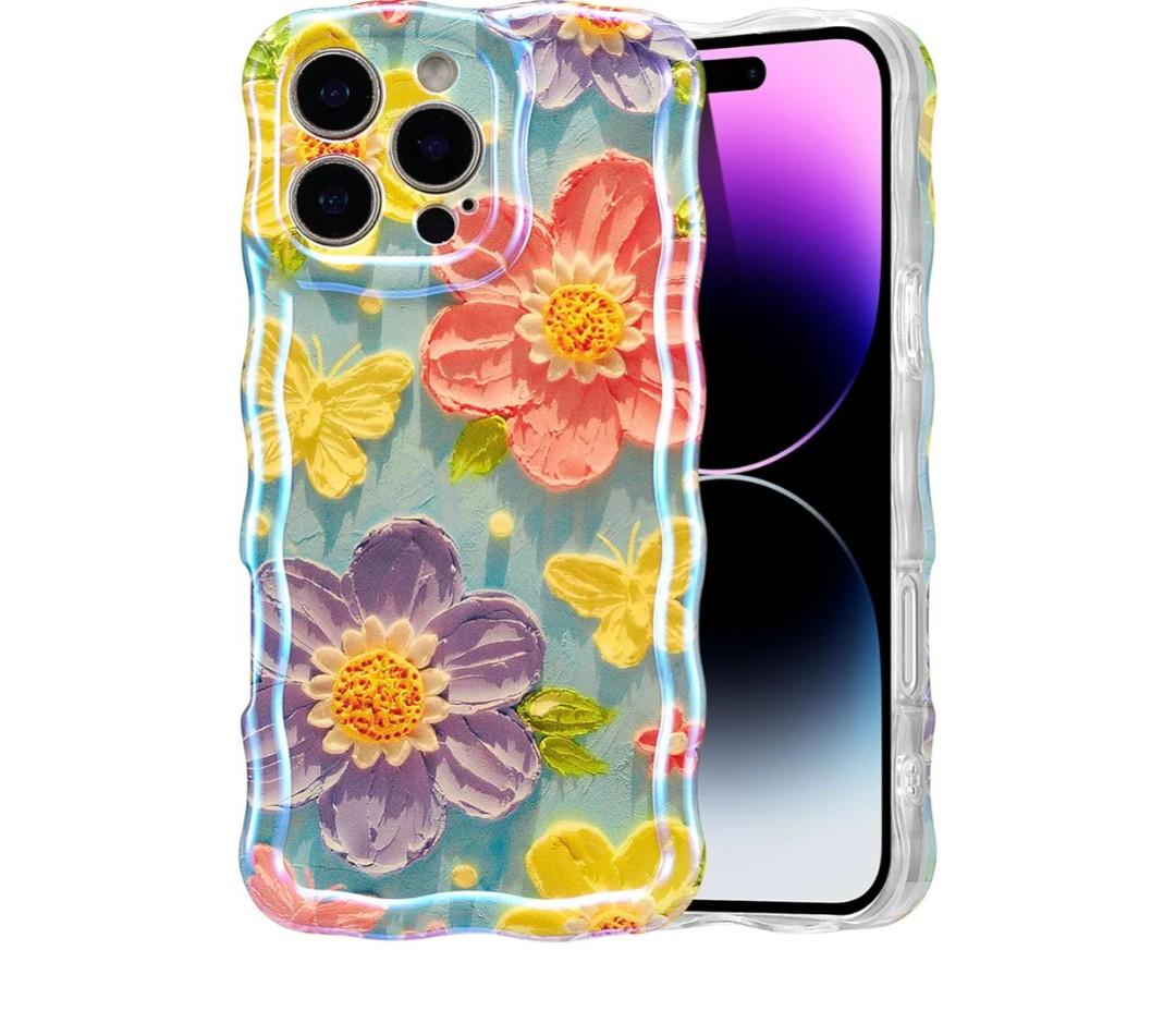 2 x EYZUTAK Case for iPhone 15 Pro, Colorful Retro Oil Painting Flower Laser Glossy Cute Curly Wave Edge Case Stylish Durable Soft TPU Protective Phone Cover for Girl Women  Yellow Flower/Purple