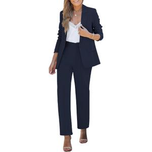 luvamia Women's Two Piece Sets Pants Suits Dressy Business Casual Outfits Professional Blazer Pantsuits Set Work Office (Medium, Navy Blue)