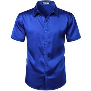 ZEROYAA Men's Hipster Shiny Silk Satin Shirt Regular Fit Short Sleeve Casual Button Down Dress Shirts for Summer Party size XL