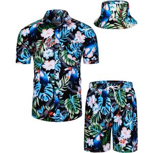 TUNEVUSE Mens Hawaiian Shirts and Shorts Set 2 Pieces Beach Outfits Flower Print Summer Tropical Suit with Bucket Hats (XX-Large)