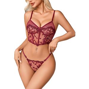 Avidlove Women Lingerie Set Underwire Push Up Bra and Panty 2 Piece Sexy Floral Embroidered Bra Thong Sets (Small)