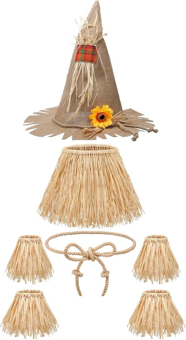 Geyoga 7 Pieces Scarecrow Costume Set Include Raffia Scarecrow Straw Kit Hat for Halloween Harvest Party Accessory (Linen Color)