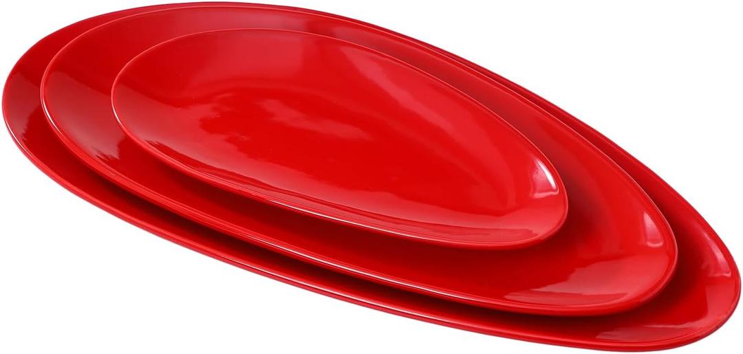 vicrays Large Oval Serving Platters, 16"/14"/10" Porcelain Serving Platters for Party, BBQ,Stackable Serving Trays Serving Plates for Appetizers, Sushi, Restaurant, Dessert, Set of 3 (Red)