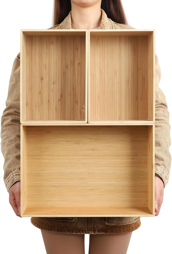 BAMOTTO CRAFTBAMBOO 3-Piece Large Bamboo Storage Box Set - 7.1in High Stackable Deep-Drawer Organizer, Lidless Bamboo Bin for Kitchen Cutlery Utensils Knives (14.6"x10.2"x7.1"*1 + 10.2"x7.3"x3"*2)