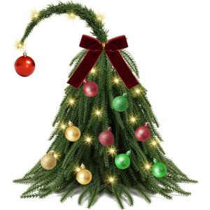 MACTING Norfolk Pine Christmas Tree with 40 Lights & Hanging Ornaments 12 INCH Whimsical Small Table Top Tree Mini Bendable Curved Tree for Fireplace Desktop Office Party Indoor Xmas Decorations