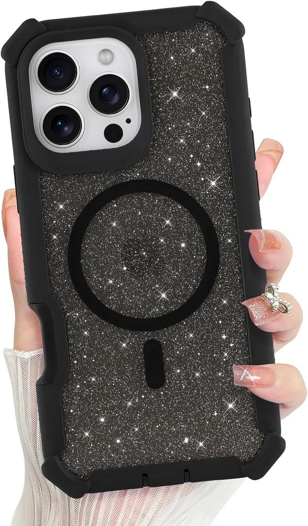 Bonoma for iPhone 16 Pro Max Case, Sparkly Glitter Bling Back, Magnetic Support for MagSafe Shockproof Cover, Crystal and Corner High-Duty Protection for Girls Women -Black