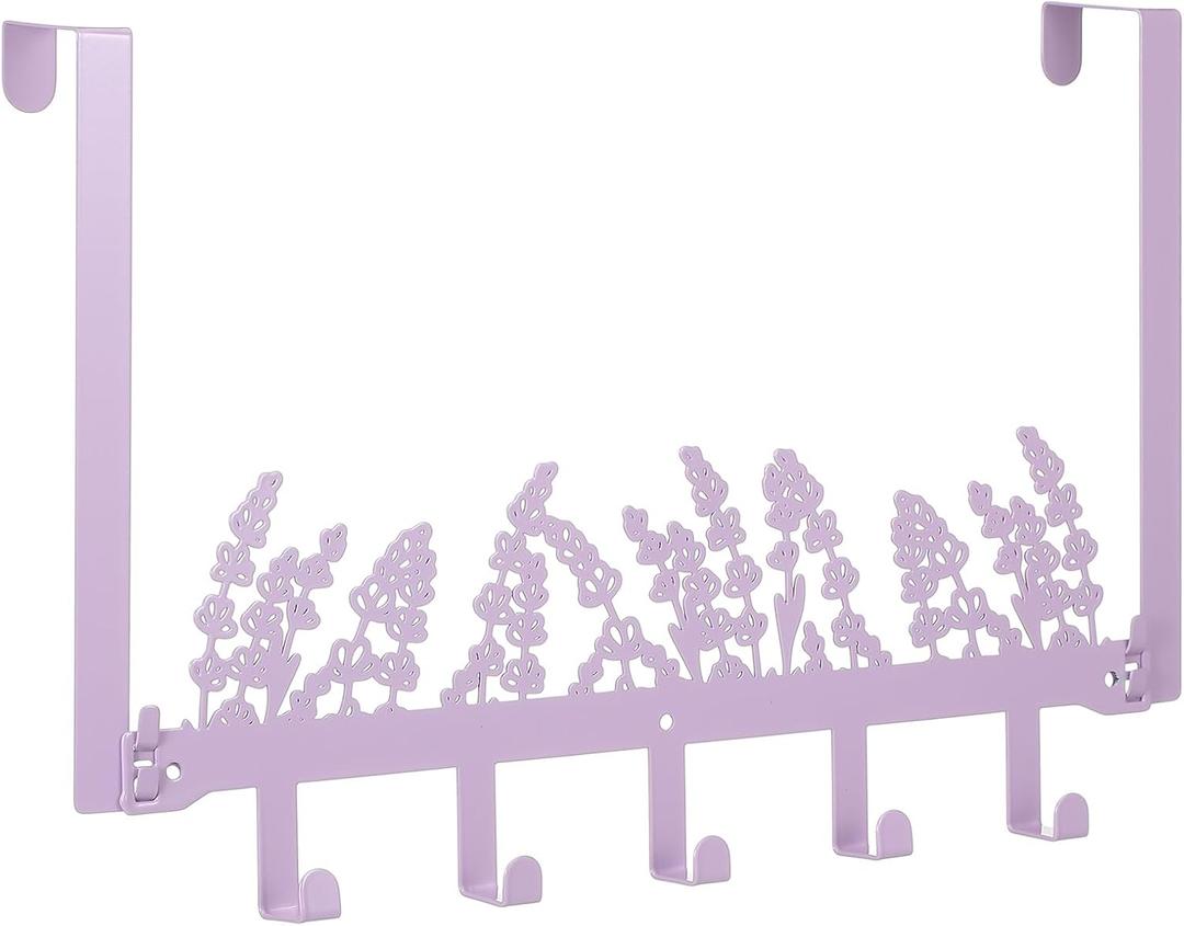 AceOrbit Purple Lavender Flower Over The Door Hooks Wall Mount Towel Hanger Cute Door Holder Rack with 5 Hooks Hanging Towel, Coat Keys, Bags, Clothes for Bedroom Bathroom Kitchen Dorm Room Organizer