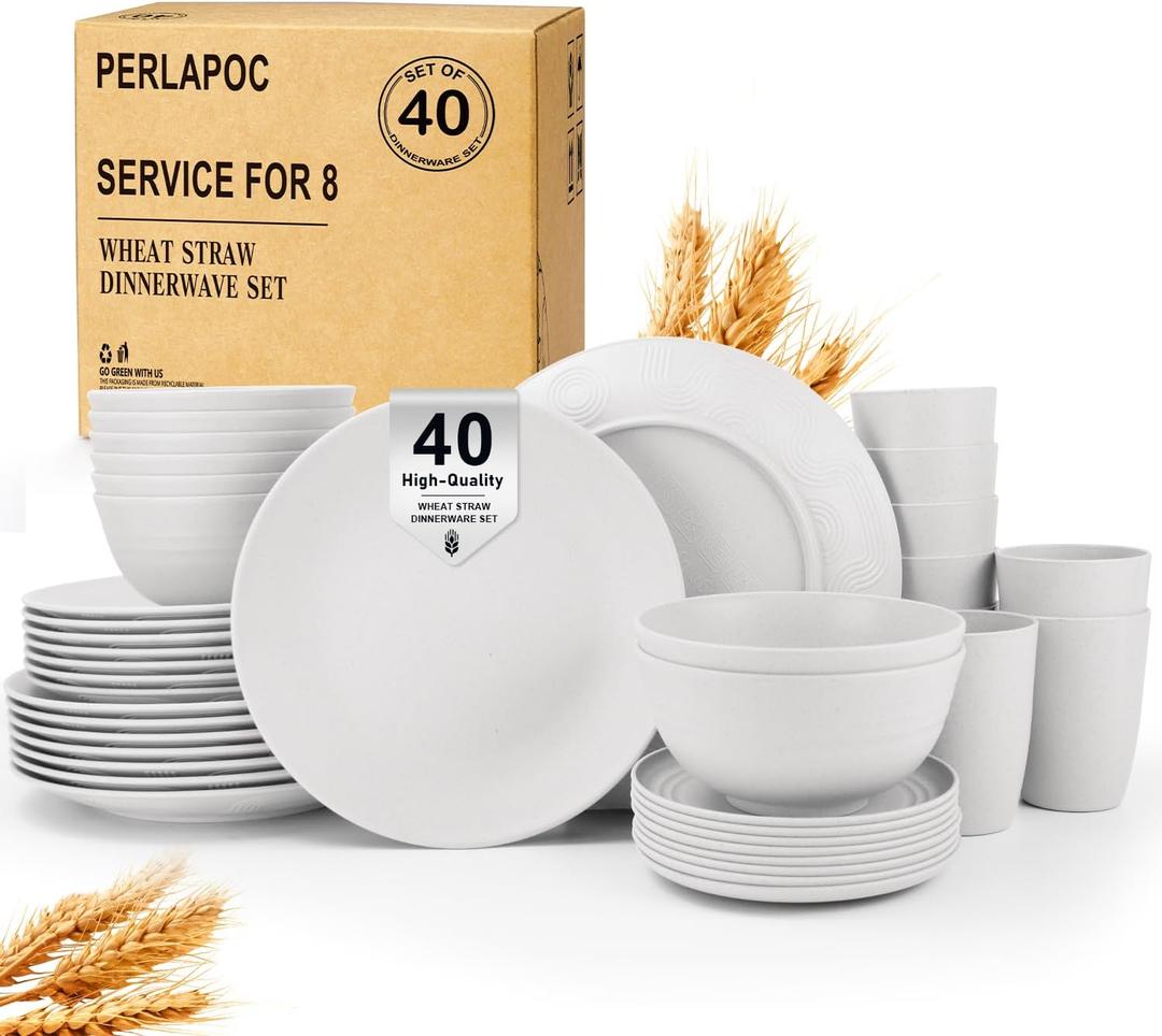40 PCS Wheat Straw Dinnerware Sets, Service for 8 - Dinner Plates, Cereal Bowls, Drinking Glasses, Unbreakable Plastic Plates and Bowls Sets, Dishwasher and Microwave Safe for Kitchen - White