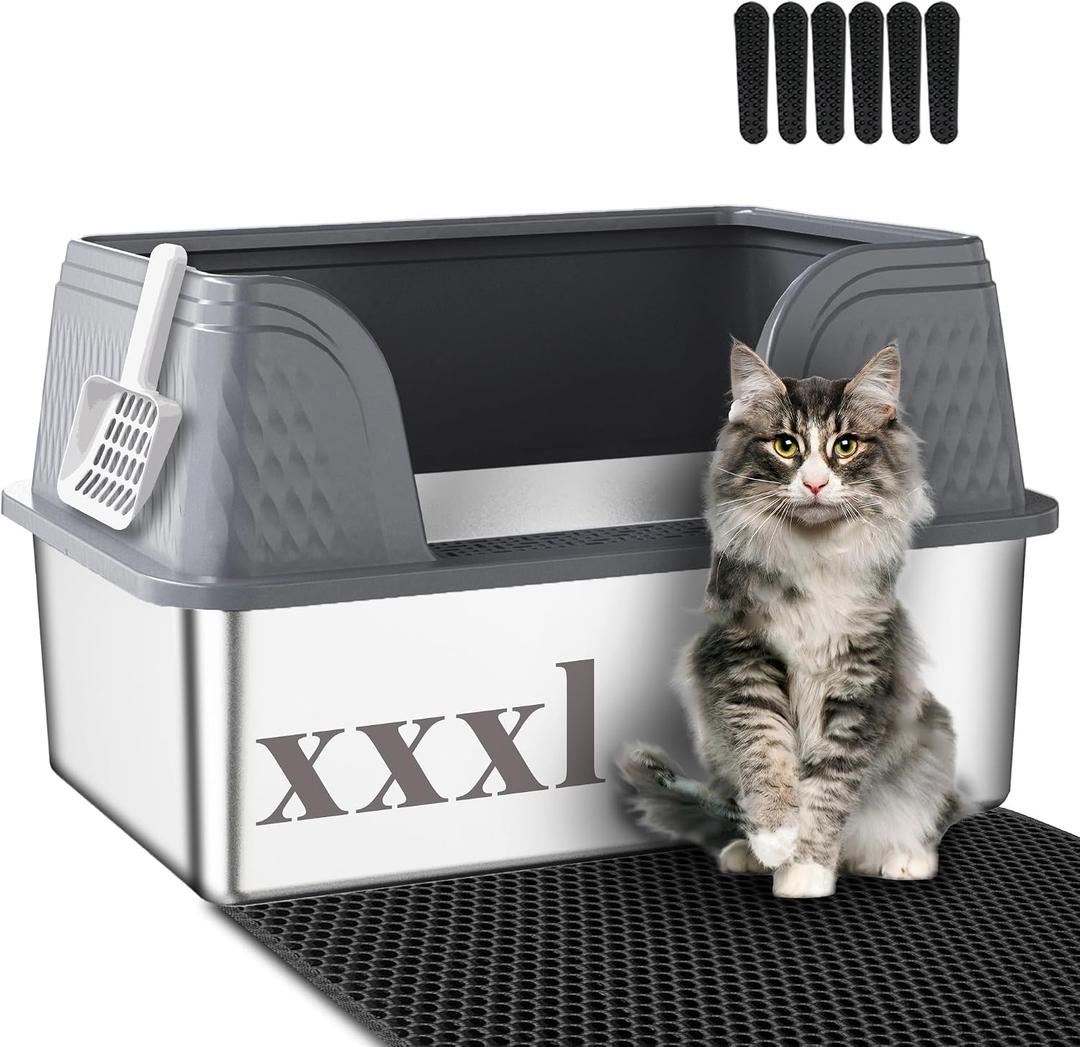 Suhaco XXXL Stainless Steel Litter Box with High Sided Deep Side Entry Deep Extra Large Metal Litter Box Included Mat & Scoop Anti-Urine Leakage Cat Litter Boxes for Big Cats (Grey XXXL)
