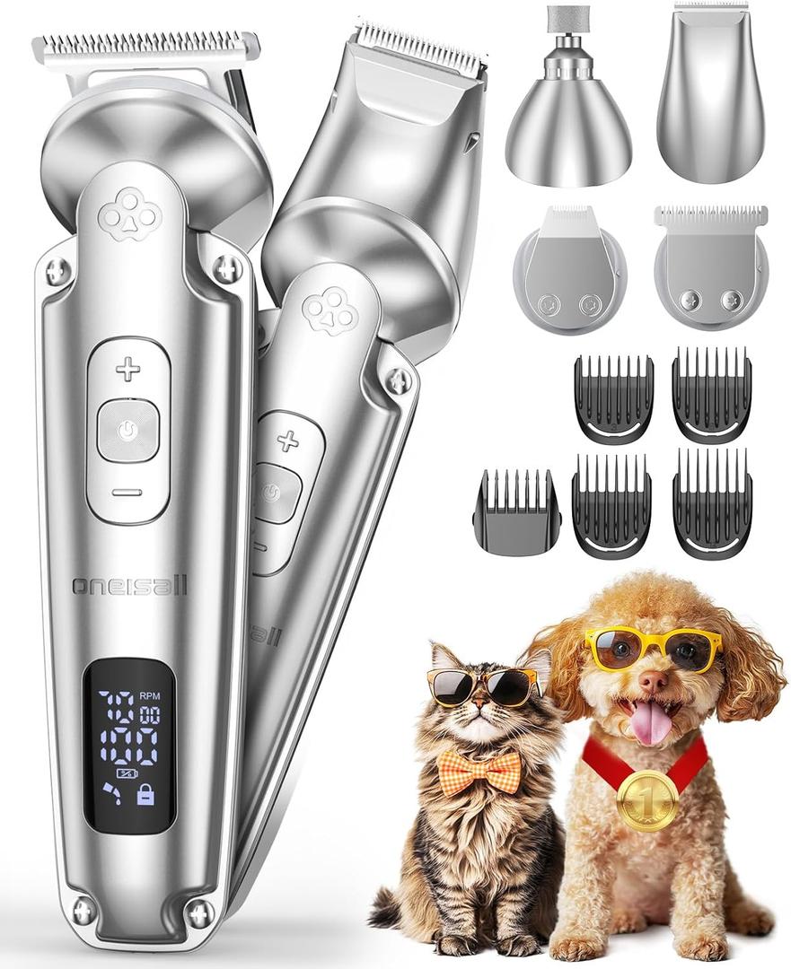 oneisall Small Dog Clippers and Paw Trimmer with Low Noise, 4 - in - 1 Cordless Dog Grooming Kit with 3 - Level Speed Clippers (7000 RPM) for Grooming Thick Hair, Waterproof Shaver for Dogs and Cats (Silver)