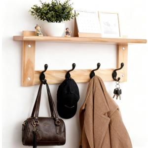 L&lonpa 1 Pcs 17 Inch Wall Mounted Hoat Hook with Shelf, Wooden Hook Rack with 4 Hooks, for Coats, Bags, Keys, Hats, in The Entryway, Bathroom, Bedroom
