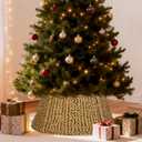 24 Inch Gold PE Rattan Christmas Tree Collar, Handwoven Plastic Wicker Tree Base Cover with Cable Slot and Metal Frame, Waterproof Tree Stand Cover for Small Mini Pencil Xmas Trees, Indoor Outdoor Use