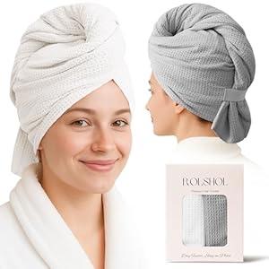 ROLSHOL 2 Pack Microfiber Hair Towel Wrap for Women, 32" x 11" Waffle Weave Hair Plopping Towel for Curly, Long & Thick Hair, Anti-Frizz Hair Turbans for Wet Hair (White, Grey)