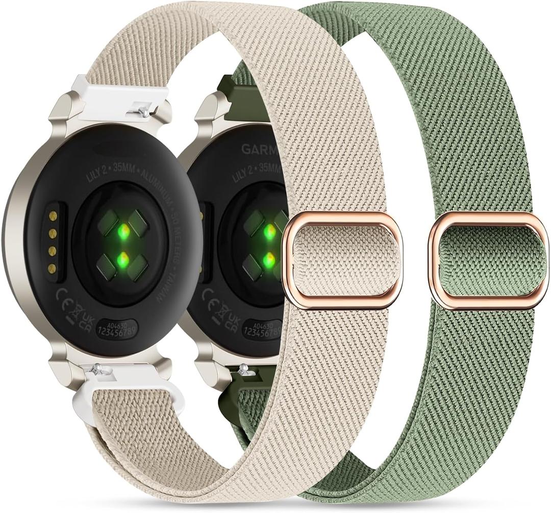 Elastic Nylon Bands Compatible with Garmin Lily 2, 14mm Stretchy Nylon 2 Pack Soft Loop Straps Quick Release Replacement Adjustable Wristband for Lily 2 Classic/Active Smart Watch Accessory for Women (Starlight+Pine Green)