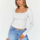 Trendy Queen Womens Long Sleeve Shirts Crop Square Neck Ribbed Tops Basic Slim Fit Y2K Fall Winter Clothes Outfits 2026 (White, S)