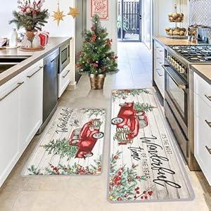 Yayumi Christmas Kitchen Mat Set, Merry Xmas Indoor Floor Mats for Decorations 17"x47"+17"x23"