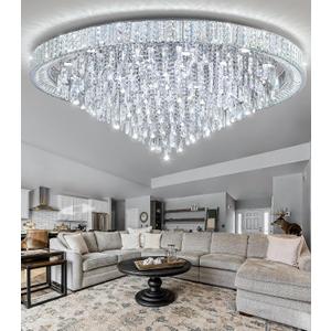 53.7'' Modern Chandeliers LED Dimmable Crystal Flush Mount Ceiling Chandeliers for Living Room High Ceiling Entrance Foyer Lobby Bedroom Silver