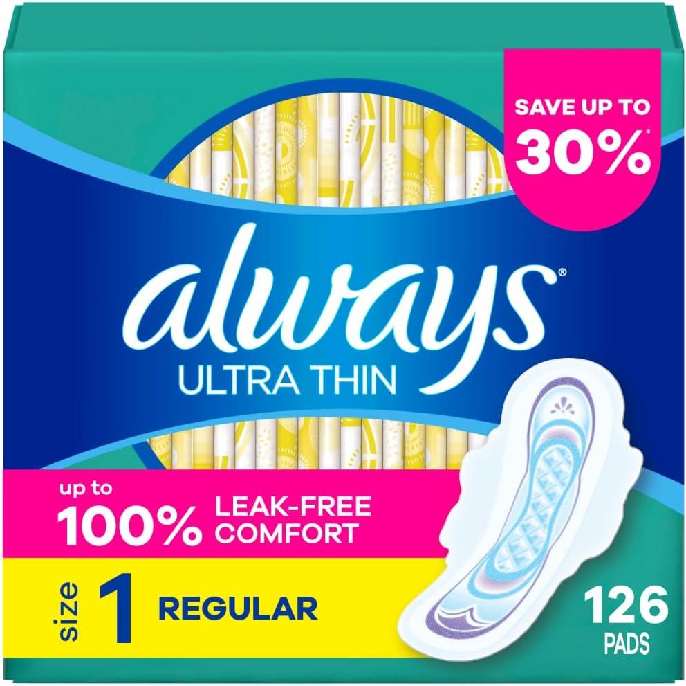 Always Ultra Thin Pads with Wings, Size 1, Regular, 126 Count (3 Packs of 42)