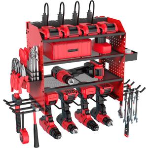Heavy Duty Power Tool Organizer Wall Mount with Charging Station, 4 Layer Garage Storage Adjustable Shelves Height, Holds 4 Drills, 2 Hooks, Screw & Screwdriver box, Gifts for Fathers Day, Anniversary 