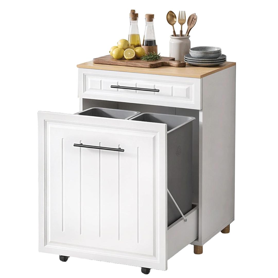 ZIFTY Double 210 Gallon Pull Out Trash Can Cabinet, Pet Proof Freestanding Kitchen Trash Bin Cabinet with Hideaway Drawer, Wooden Garbage Recycling & Laundry Hamper for Kitchen, Laundry, Living Room