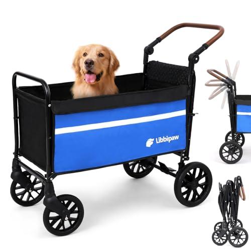 Libbipaw All-Terrain Dog Wagon for Large Dogs, 2-in-1 Push/Pull Stroller with Anti-Slip Ramp & Rotatable Handle, Foldable Heavy-Duty Cart for Senior/Injured Pets, Vet Visits, Camping (Blue)