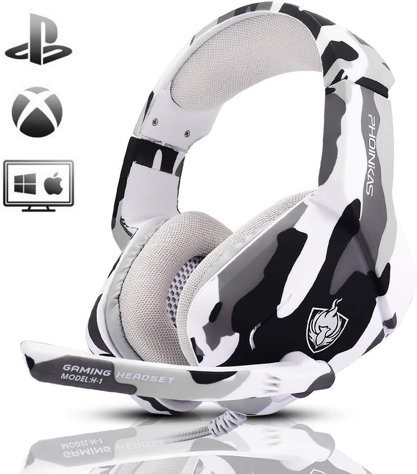PHOINIKAS Gaming Headset for PS4, Xbox One, PC, Laptop, Mac, Nintendo Switch, 3.5MM PS4 Headset with Mic, Over Ear Headset, Noise-Cancelling Headset, Bass Surround, LED Light, Comfort Earmuff - Camo