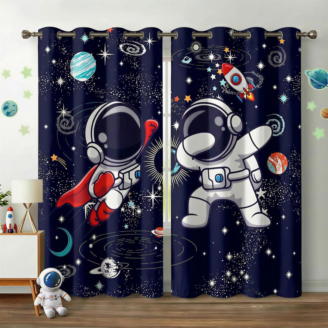 Space Curtains for Boys Room  Astronaut Themed Blackout Grommet Drapes, Thermal Insulated Outer Space Curtains Panels for Kids Bedroom, 42 x 45 Inch (Cute Astronaut_06)