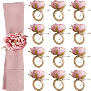 Handcraft Flower Napkin Rings Set of 12, Pink Peony Flower Handmade Napkin Holder Rings Table Decorations for Summer, Wedding, Luncheons, Picnics, Banquet, Birthday, Christmas, Valentine's, Thanksgiving