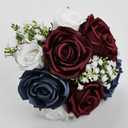 Wedding Bridesmaid Bouquets Set of 4, Artificial Silk Flowers Arrangement for Ceremony Marriage Proposal Party Anniversary Decorations - Burgundy & Navy Blue