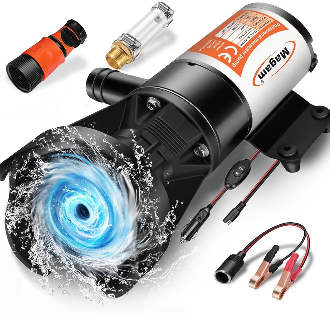 RV Macerator Pump 12V,12GPM Suction 3.2 feet Lift 10 feet with Garden Hose Discharge Port,Quick Release Sewage Pump with Fresh Water Rinse and Manual Crushing Function,for Boat Marine RV Campe