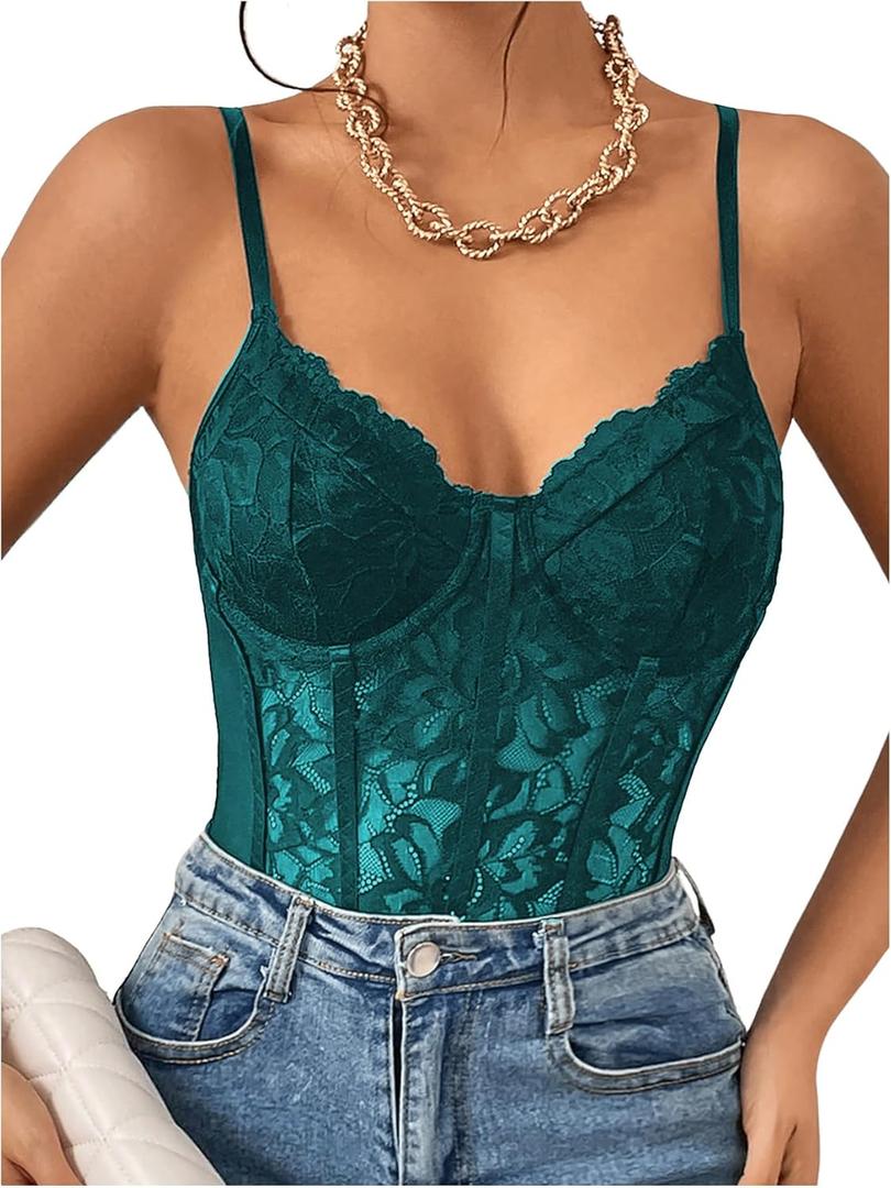 Milumia Women's Sexy Sheer Mesh Lace Bodysuit Spaghetti Strap Bustier Corset Tops Rave Party Club (Medium, Teal Blue)