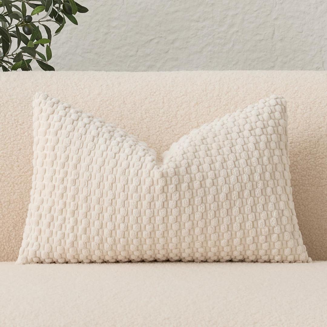 UGASA Velvet 12x20 Inch Lumbar Throw Pillow Cover, Both Sides Corduroy Striped, Soft Solid Decorative Rectangular Cushion Case for Couch/Bedroom/Car, 1 Piece, Cream