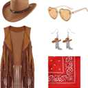 Cowgirl Outfits for Girls Kids 6 Pcs Western Costume Accessories Cowboy Hat Fringe Vest Earring for Halloween Party (L)