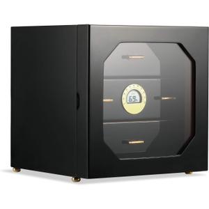 Woodronic Cigar Humidor Cabinet for 100 Counts with Digital Hygrometer, Crystal Gel Humidifiers, Spanish Cedar Lined Trays & Dividers, Polished Piano Black, Desktop Cigar Box Gift for Men
