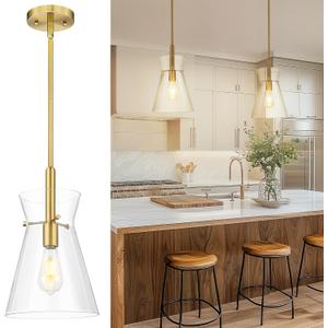 Emak 9 Inch Modern Pendant Lights Kitchen Island, Brushed Gold Pendant Light with Clear Glass Shade, Large Hanging Light Fixture for Kitchen, Dining Room, Bathroom, PL130-BGD-CG