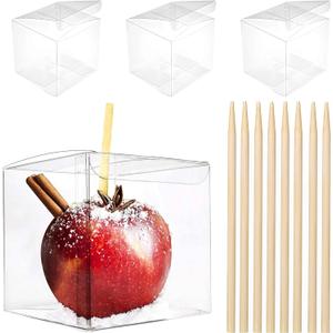 20 Pack 4''x 4'' x 4'' Clear Candy Apple Boxes with Hole and Sticks Set Food Grade Plastic Clear Caramel Apple Containers Chocolate Covered Apples Packaging Party Favor Gift Goxes