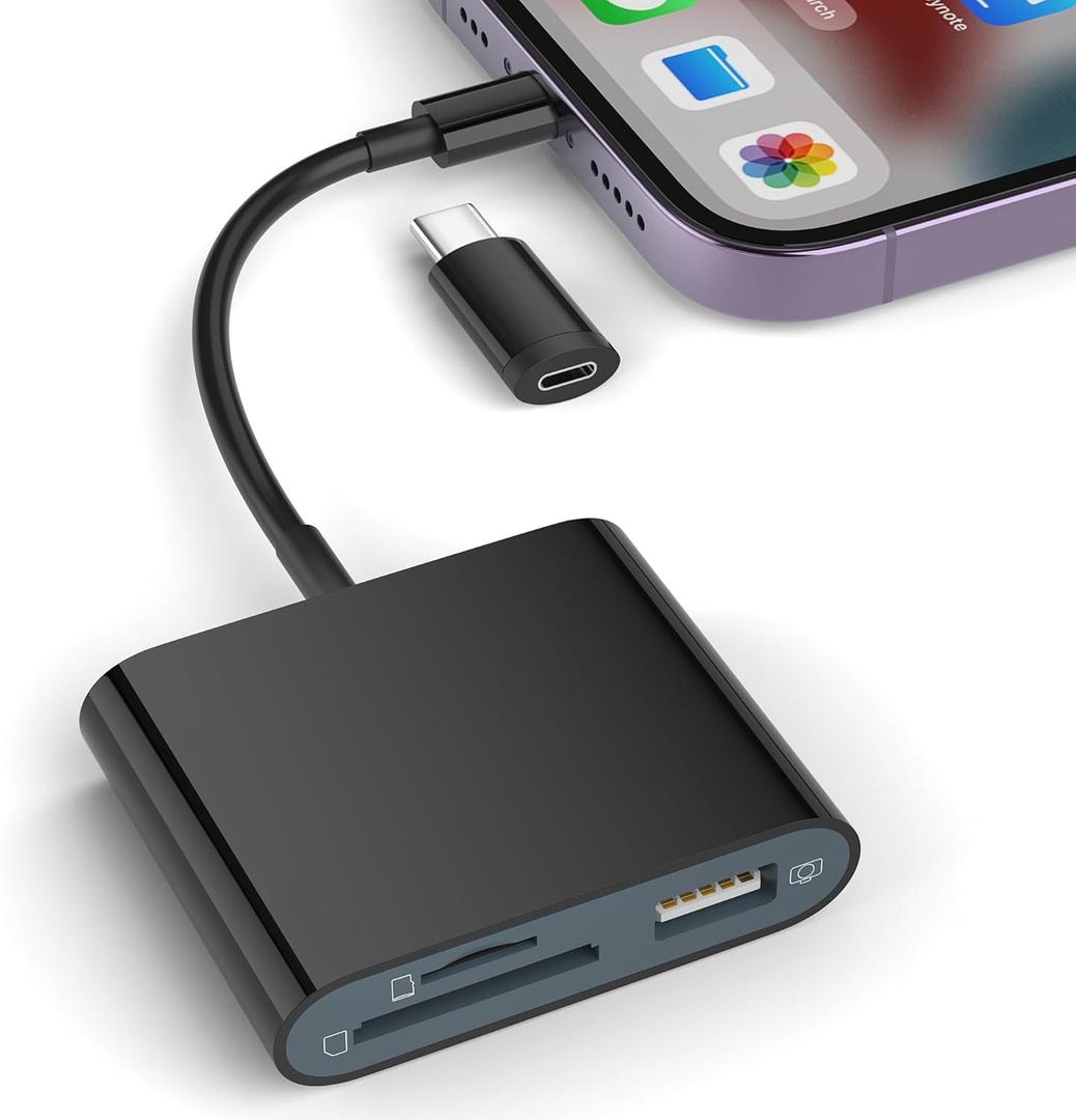 SD Card Reader for iPhone, Memory Card Reader with USB-C to Light-ning Adapter Plug and Play Trail Game Camera Micro SD Card Viewer Support SD/TF Card and USB for iPad No App Required (Black)