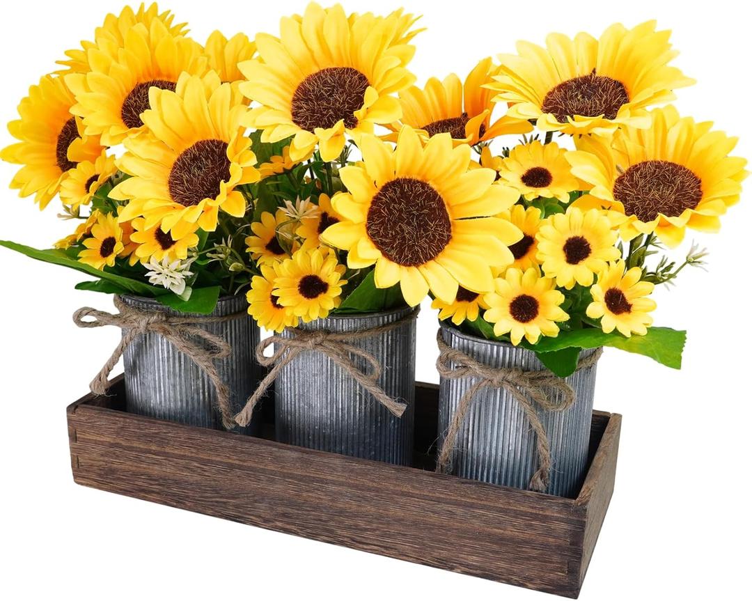 Winlyn Set of 3 Artificial Sunflowers Metal Pot Centerpiece Farmhouse Sunflowers Floral Arrangements with Rectangle Wooden Planter 11" for Rustic Wedding Spring Summer Home Kitchen Table Shelf Dcor