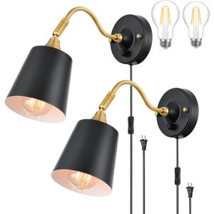 TRLIFE Wall Sconces Plug in, Dimmable Wall Lights with Plug in Cord Adjustable Lighting Angle Wall Mounted Light with On/Off Rotary Switch for Bedside, Bedroom, Over Mirror(2 Pack, 2 Bulbs Included) (Black)