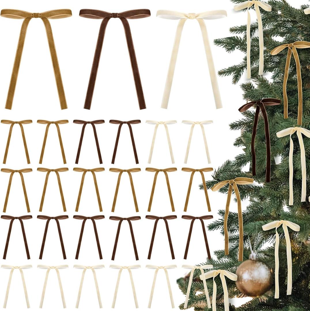 Glitinsel Brown,Beige 24 Pcs Velvet Bows Christmas Tree Ornaments Valentines Day Bows Decoration for Garland Home Coquette Wedding Decor (5 x 7 Inch,Width of 3/8",Khaki)