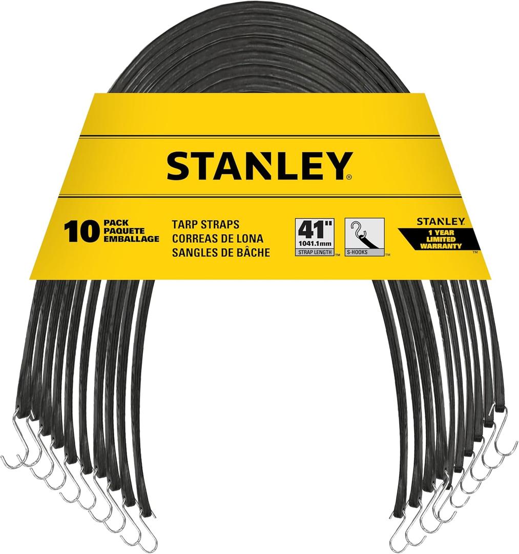 STANLEY S300441 Black 41" All-Weather Rubber Bungee Cords with S-Hooks for Securing Tarps, Flatbed Hauler and Boat Covers, Storage, and Cargo, 10 Pack