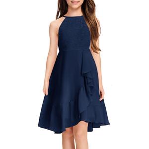 MITILLY Girls Lace Flower Ruffle Dress Chiffon Halter A Line High Low Flowy Junior Bridesmaid Dresses for Wedding Party (Blue), Size 6-7Y