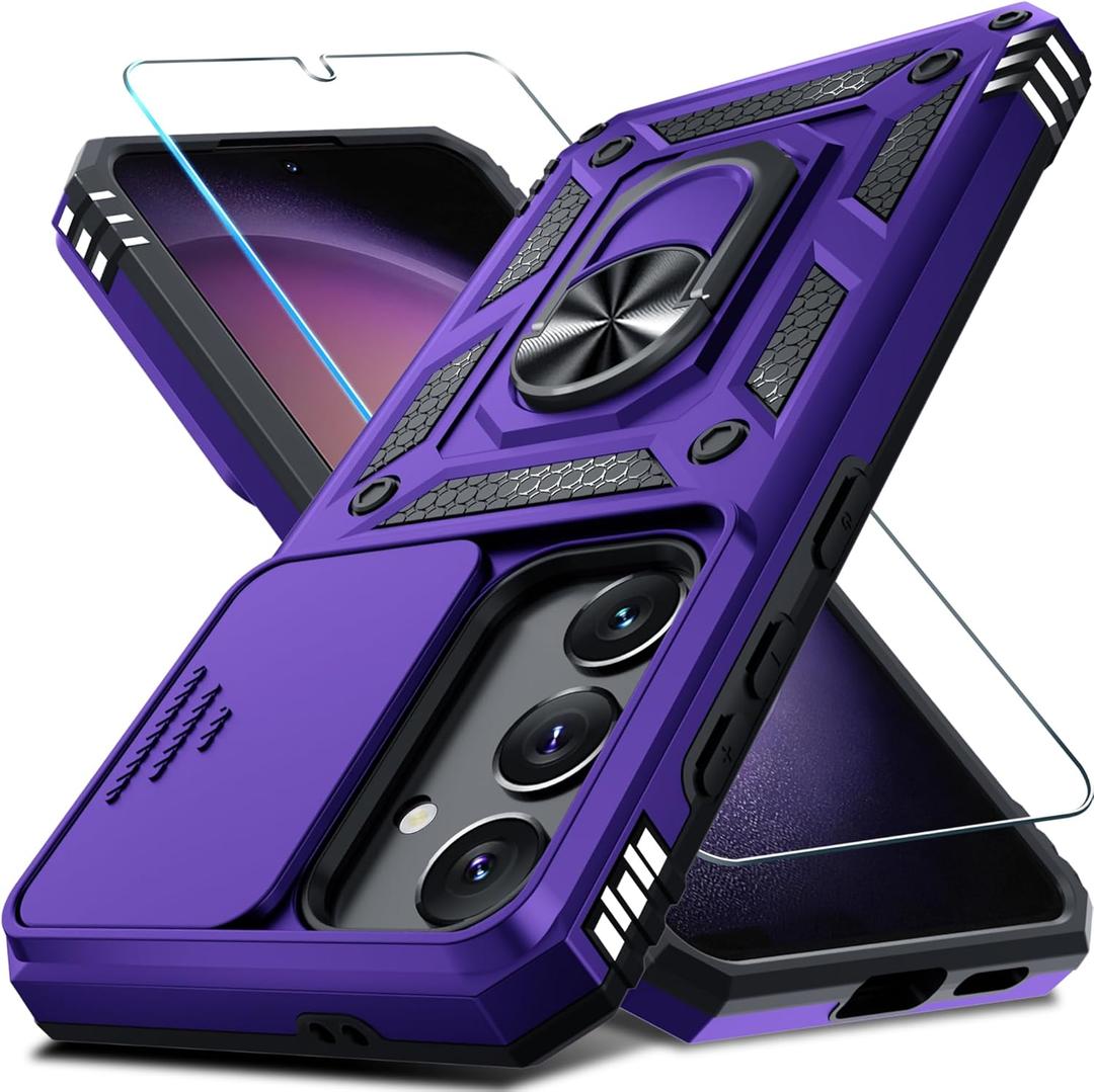 Janmitta Compatible with Samsung Galaxy S24 FE Case Built in Slide Camera Lens Cover+Screen Protector+Finger Ring Holder Kickstand,Heavy Duty Shockproof Full Body Phone Cover,2024 Purple