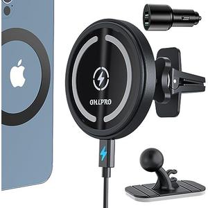 OHLPRO MagSafe Car Mount Charger, 15W QC 3.0 Fast Charging for iPhone 16 ProMax, Pro, Plus, 15, 14, 13, 12 Series, Stick on Car Dashboard & Air Vent Phone Holder