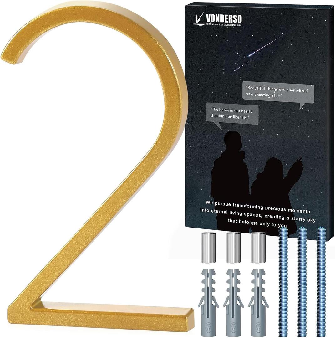 VONDERSO 6 Inch Floating House Numbers for Outside, Modern Metal Address Number 2, Durable Weather-Resistant Gold Powder Coated Finish, No Fading (Gold)