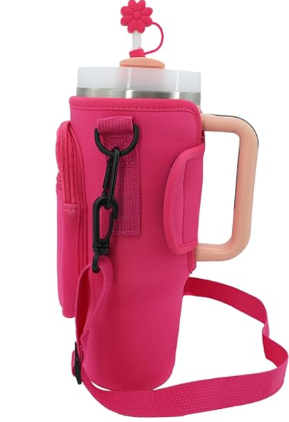 Water Bottle Carrier with Strap for Stanley 40 oz Tumbler, Personalized Initial ID Name Stanley Bag with Phone Pocket, Adjustable Strap, Stanley Cup Accessories (Hot Pink), Letter J
