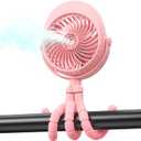 Portable Stroller Fan with Mist, Rechargeable Misting Fan with Flexible Tripods, 360 Pivot Personal Mister for Cooling Outdoor Travel Beach Umbrella Wagon Crib Treadmill Car (Pink)