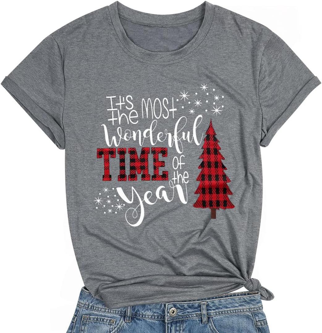 DESFSE Merry Christmas Shirts for Women Christmas Short Sleeve Tshirt Xmas Buffalo Plaid Tree Cute Graphic Print Tee Tops