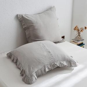 100% French Linen Euro Shams with Ruffles - Set of 2 - Washed Solid Color Natural Flax Soft Breathable Pillow Covers - Grey, 26'' x 26''