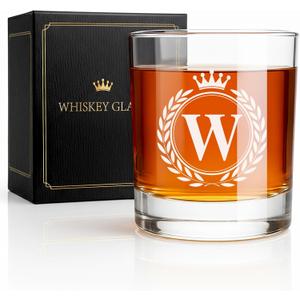Fathers Day Personalized Whiskey Glasses Gifts for Men, Rocks Old Fashioned Glass, Monogrammed A-Z 10.3 oz Whisky Glasses, Birthday Gift for Him Dad Father Husband Brother Son (W)